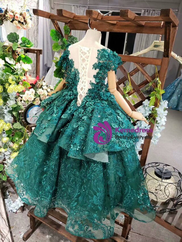 Green Ball Gown Tulle Appliques Cap Sleeve Beading Long Flower Girl Dress