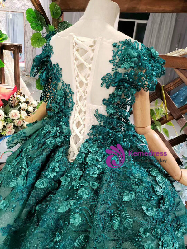 Green Ball Gown Tulle Appliques Cap Sleeve Beading Long Flower Girl Dress