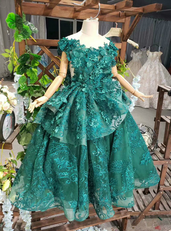 Green Ball Gown Tulle Appliques Cap Sleeve Beading Long Flower Girl Dress
