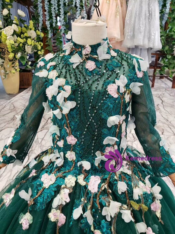 Green Tulle High Neck Long Sleeve Appliques Beading Sequins Luxury Flower Girl Dress