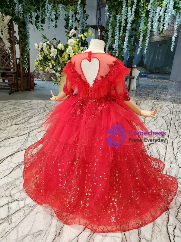 Fashion Red Sequins Appliques Backless Short Sleeve Long Flower Girl Dresses