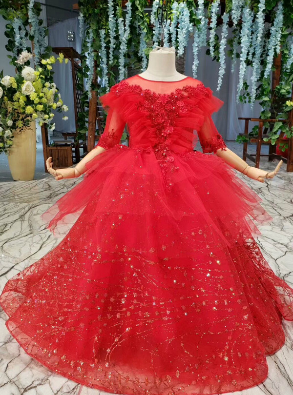 Fashion Red Sequins Appliques Backless Short Sleeve Long Flower Girl Dresses