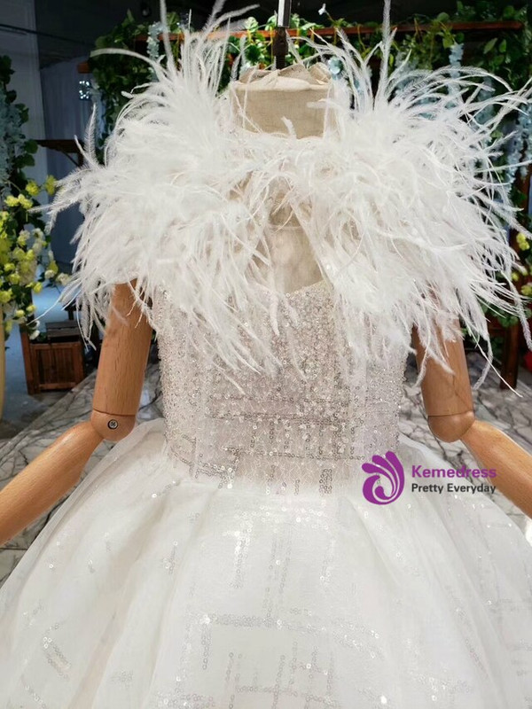 Princess White Ball Gown Tulle Sequins Long Flower Girl Dress With Feather