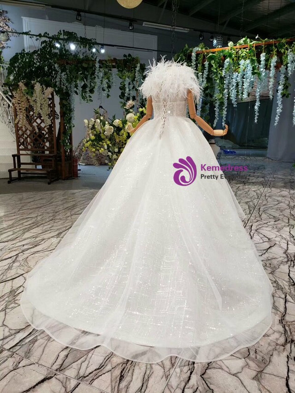 Princess White Ball Gown Tulle Sequins Long Flower Girl Dress With Feather