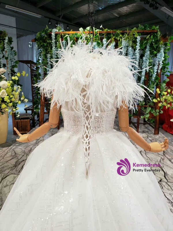 Princess White Ball Gown Tulle Sequins Long Flower Girl Dress With Feather