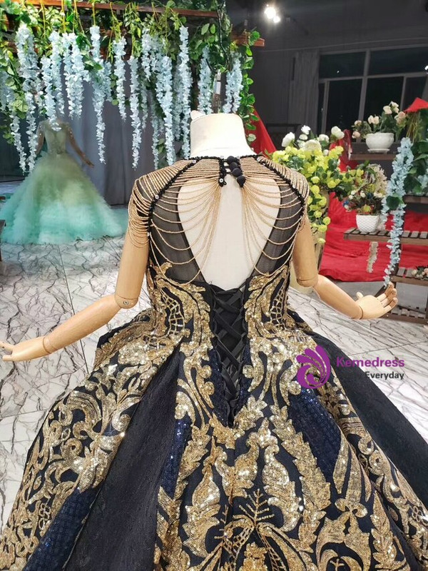 Navy Blue Gold Sequins Backless Beading Luxury Flower Girl Dress With Long Train