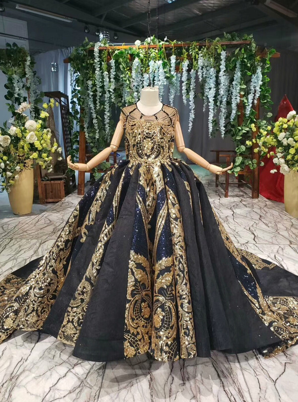 Navy Blue Gold Sequins Backless Beading Luxury Flower Girl Dress With Long Train