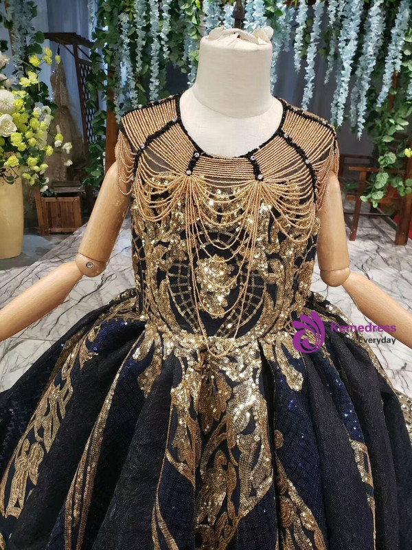 Navy Blue Gold Sequins Backless Beading Luxury Flower Girl Dress With Long Train