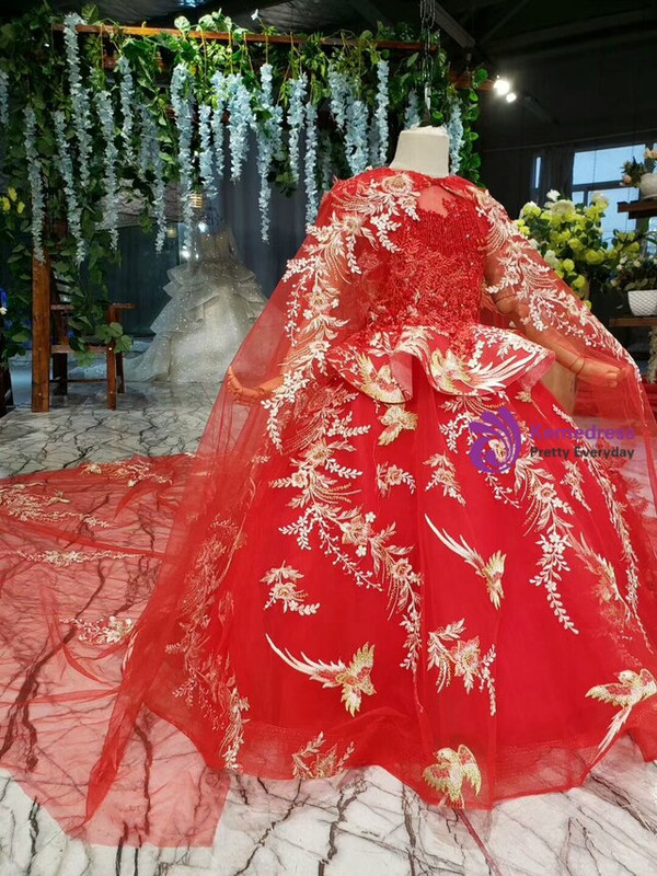 Red Tulle Embroidery Appliques Beading Luxury Flower Girl Dress With Shawl