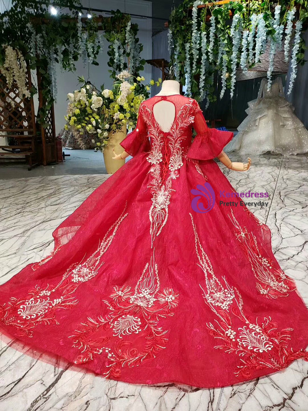 Red LotusLeaf Sleeve Backless Appliques Beading Flower Girl Dress With Litter Train