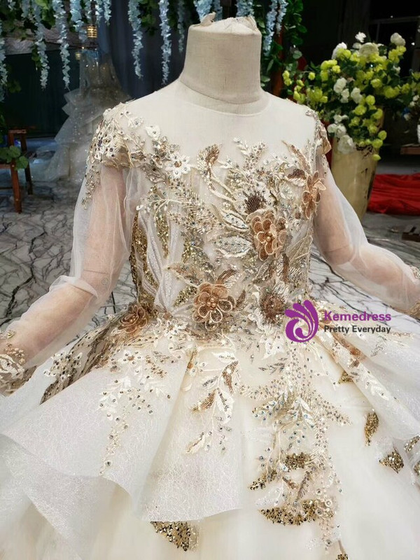 Champagne Ball Gown Long Sleeve Backless Tulle Gold Sequins Appliques Flower Girl Dress