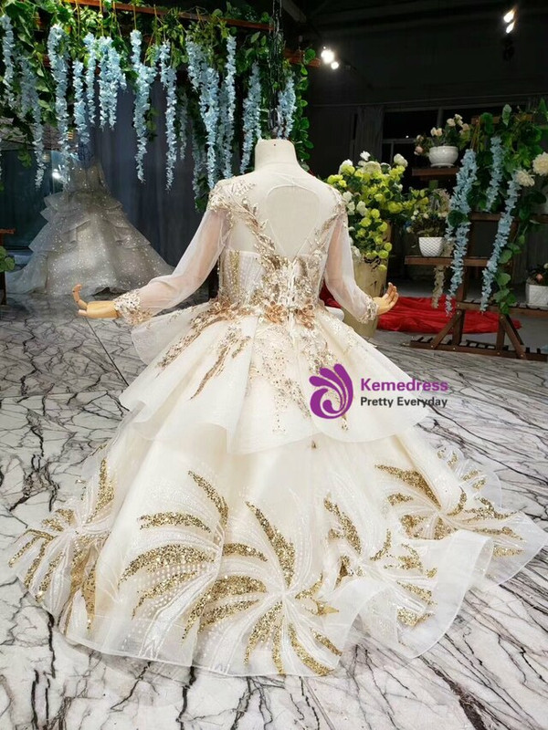 Champagne Ball Gown Long Sleeve Backless Tulle Gold Sequins Appliques Flower Girl Dress