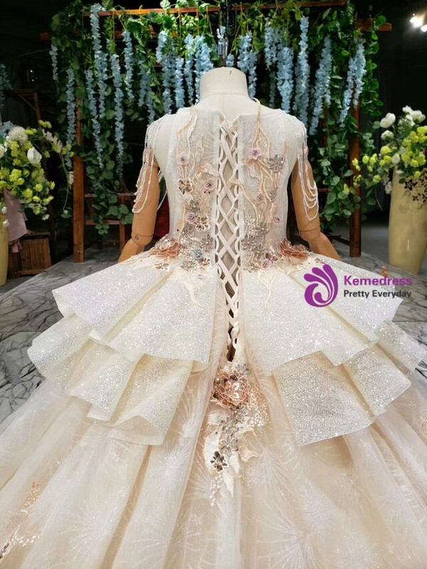 Adorable Champagne Tulle Sequins Embroidery Appliques Long Flower Girl Dress With Train