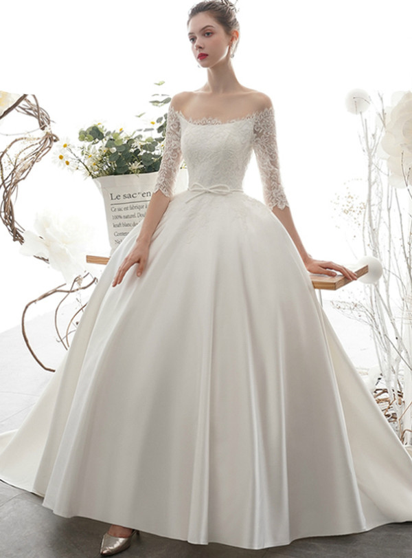 Simple White Ball Gown Satin Lace Off the Shoulder Short Sleeve Backless Wedding Dress