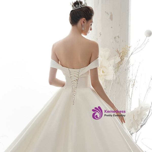 Elegant Simple White Satin Off the Shoulder Pleats Wedding Dress With Long Train