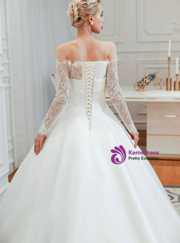 Luxurious White Ball Gown Satin Lace Off the Shoulder Long Sleeve Wedding Dress