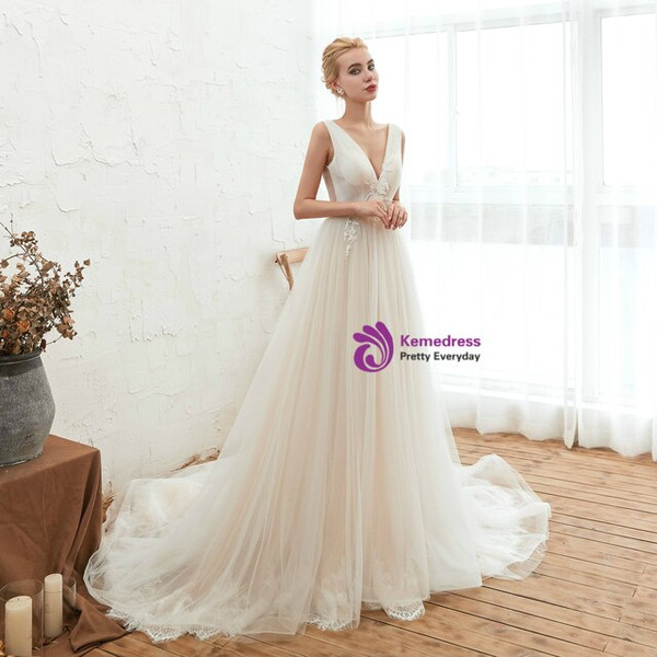 Champagne Ball Gown Tulle V-neck Backless Appliques Pleats Wedding Dress