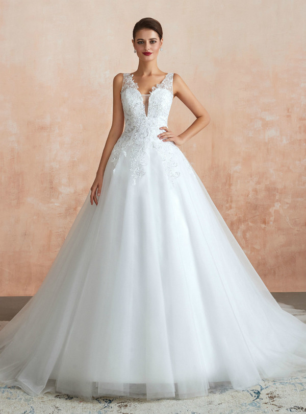 Glamorous White Ball Gown Tulle Appliques V-neck See Through Floor Length Wedding Dress