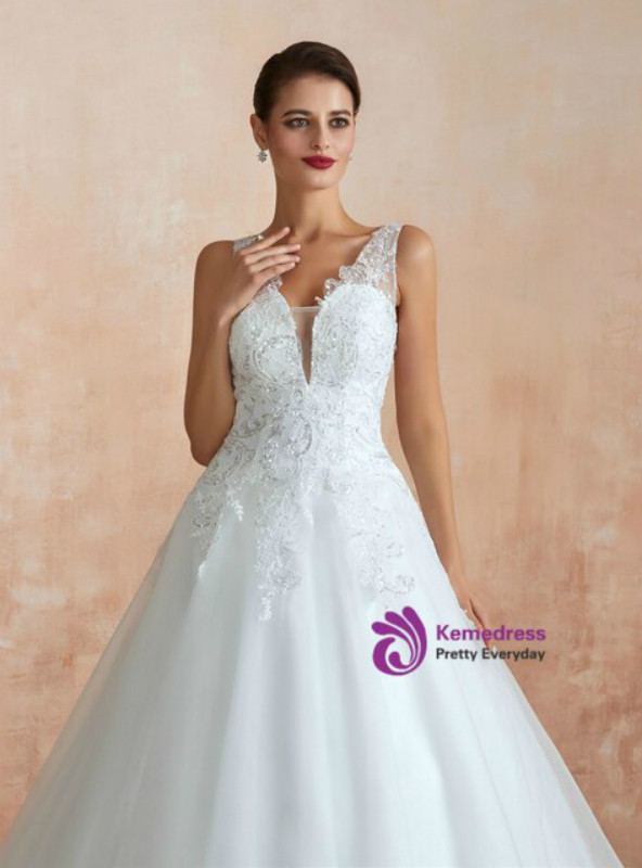 Glamorous White Ball Gown Tulle Appliques V-neck See Through Floor Length Wedding Dress