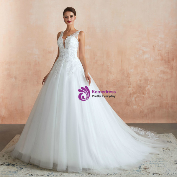 Glamorous White Ball Gown Tulle Appliques V-neck See Through Floor Length Wedding Dress