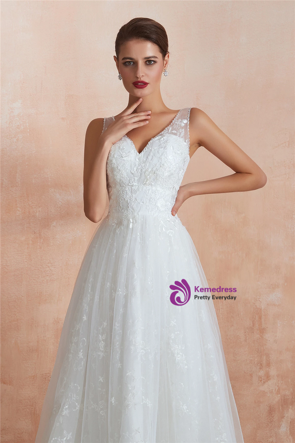 A-Line White V-neck Tulle Appliques Sleeveless Long Wedding Dress
