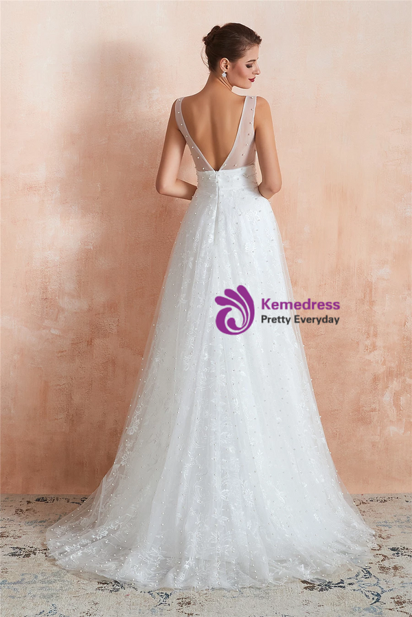 Romance White Tulle Lace V-neck Backless Floor Length Wedding Dress