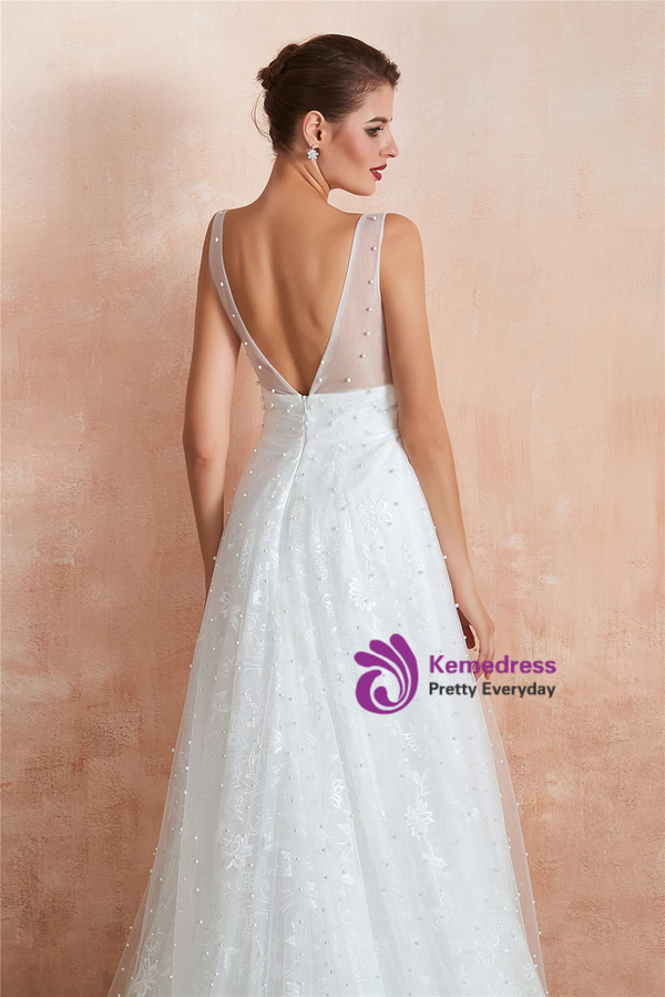 Romance White Tulle Lace V-neck Backless Floor Length Wedding Dress