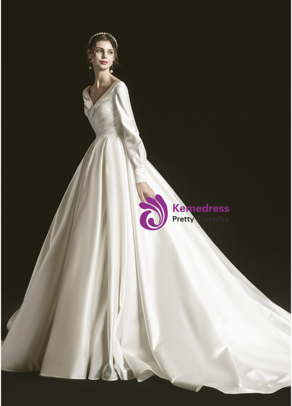 High quality White Ball Gown Satin Backless Long Sleeve Pleats Long Wedding Dress