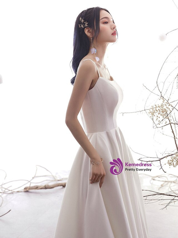Simple White Satin Spaghetti Straps Backless Ankle Length Short Wedding Dress