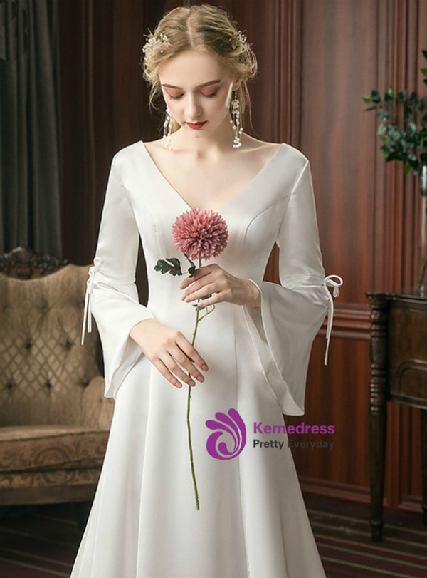 Casual White Satin V-neck Long Sleeve Floor Length Wedding Dress
