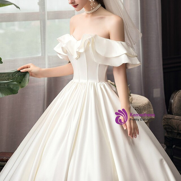 Ivory White Satin Off the Shoulder Sleeveless Floor Length Wedding Dress