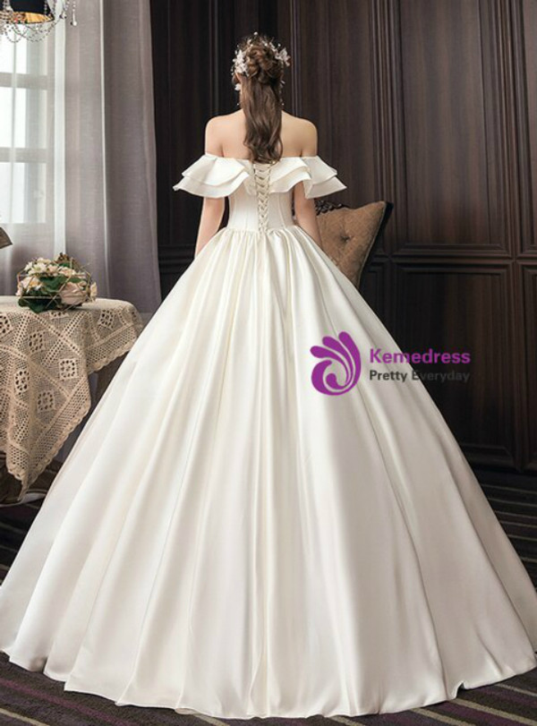 Ivory White Satin Off the Shoulder Sleeveless Floor Length Wedding Dress
