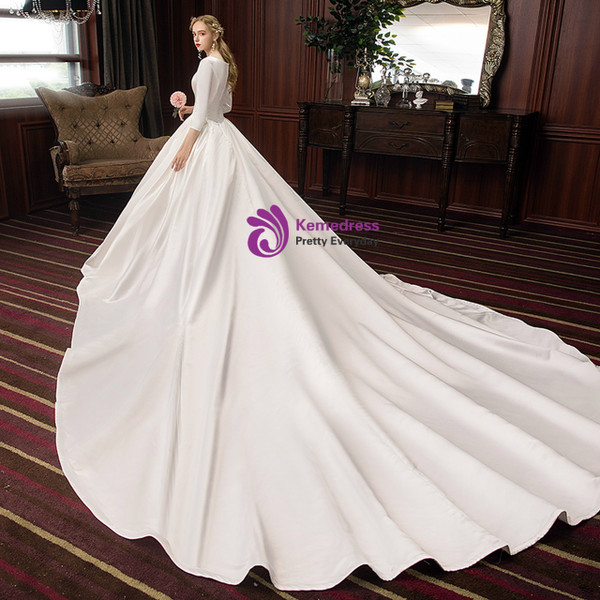 Fabulous White Ball Gown Satin 3/4 Sleeve Wedding Dress With Long Train