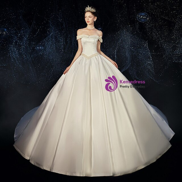 Romance Ivory Ball Gown Satin Off the Shoulder Wedding Dress With Long Train