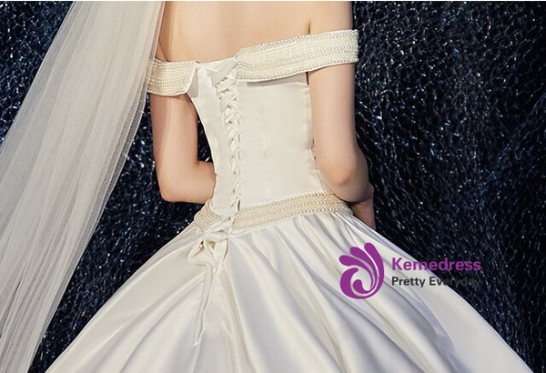 Romance Ivory Ball Gown Satin Off the Shoulder Wedding Dress With Long Train