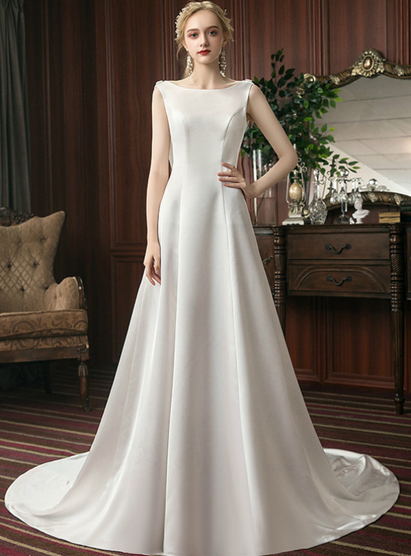 Simple White Satin Backless Sleeveless Brides Long Wedding Dress 