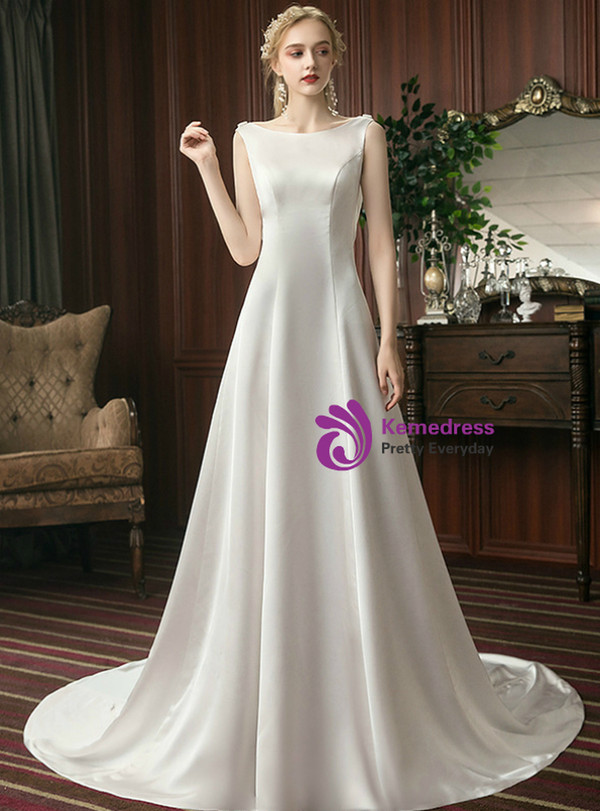 Simple White Satin Backless Sleeveless Brides Long Wedding Dress 