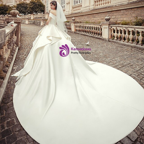 Advanced Ivory White Ball Gown Satin Off the Shoulder Floor Length Wedding Dress