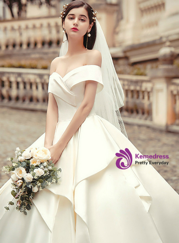 Advanced Ivory White Ball Gown Satin Off the Shoulder Floor Length Wedding Dress