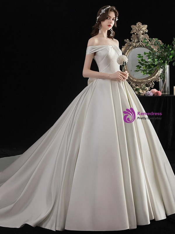 Wonderful White Ball Gown Satin Off the Shoulder Long Wedding Dress With Bow
