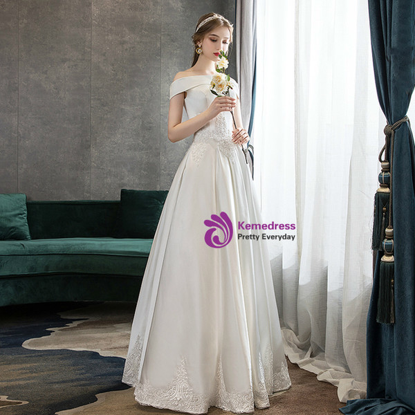 Simple White Satin Off the Shoulder Lace Appliques Floor Length  Wedding Dress