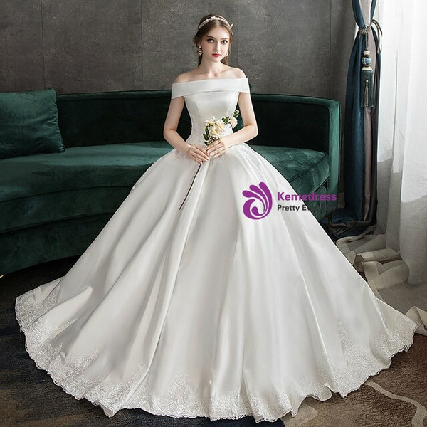 Simple White Satin Off the Shoulder Lace Appliques Floor Length  Wedding Dress