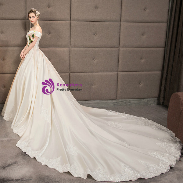Ivory White Ball Gown Satin Ball Gown Off the Shoulder Appliques Wedding Dress