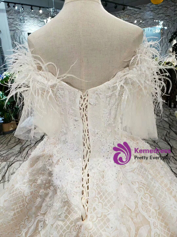 Brilliant Champagne Ball Gown Tulle Lace Appliques Off the Shoulder Wedding Dress With Feather 2020