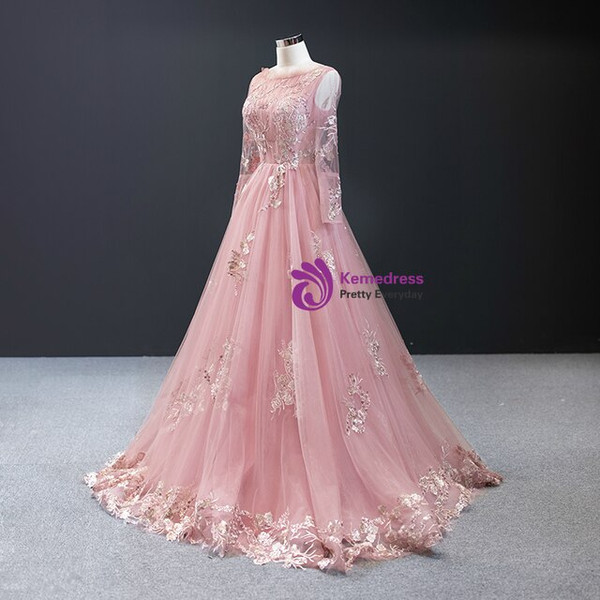  Wonderful Pink Tulle Appliques Sequins Long Sleeve Long Prom Dress 2020