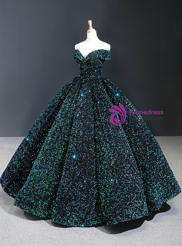 Wonderful Green Ball Gown Sequins Off the Shoulder Prom Dress 2020