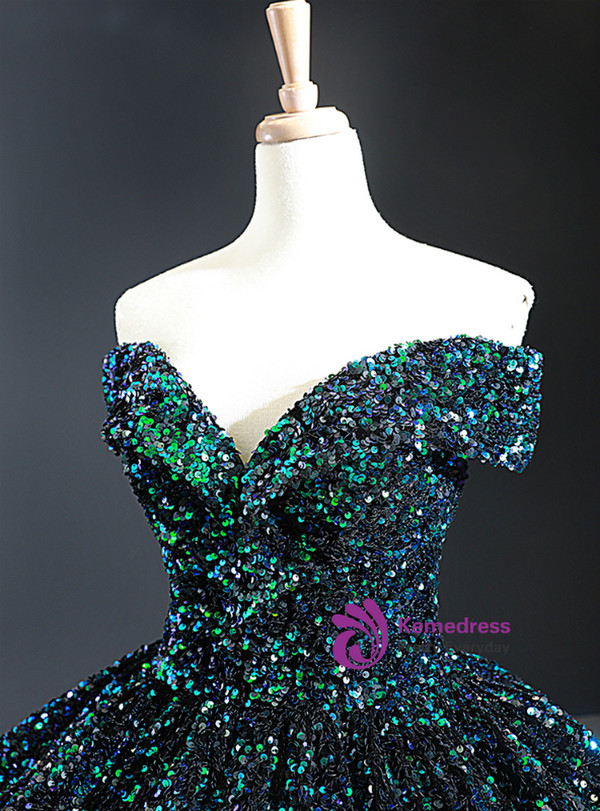 Wonderful Green Ball Gown Sequins Off the Shoulder Prom Dress 2020