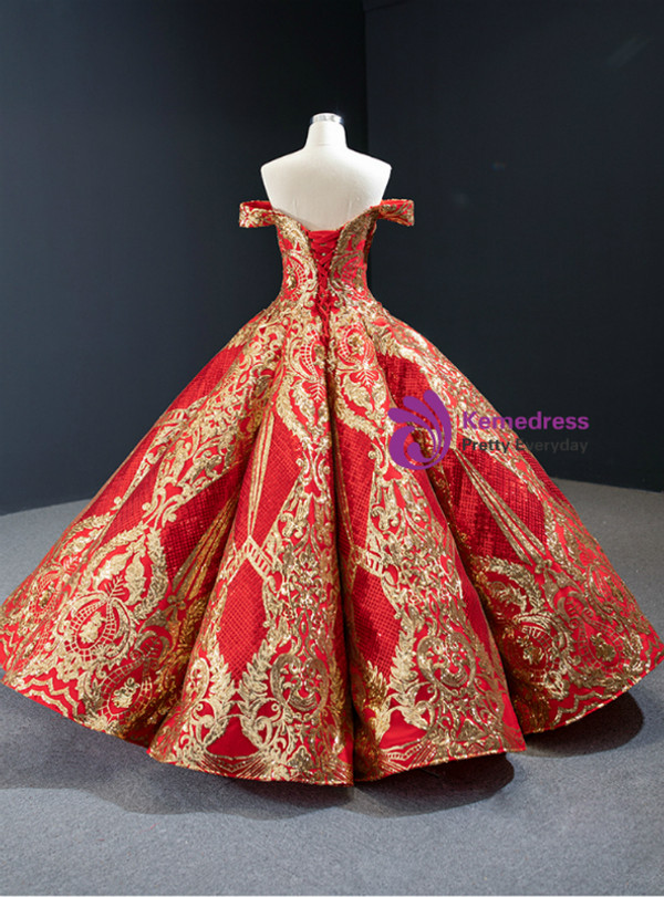 Elegance Red Ball Gown Gold Sequins Off the Shoulder Deep V-neck Prom Dress 2020