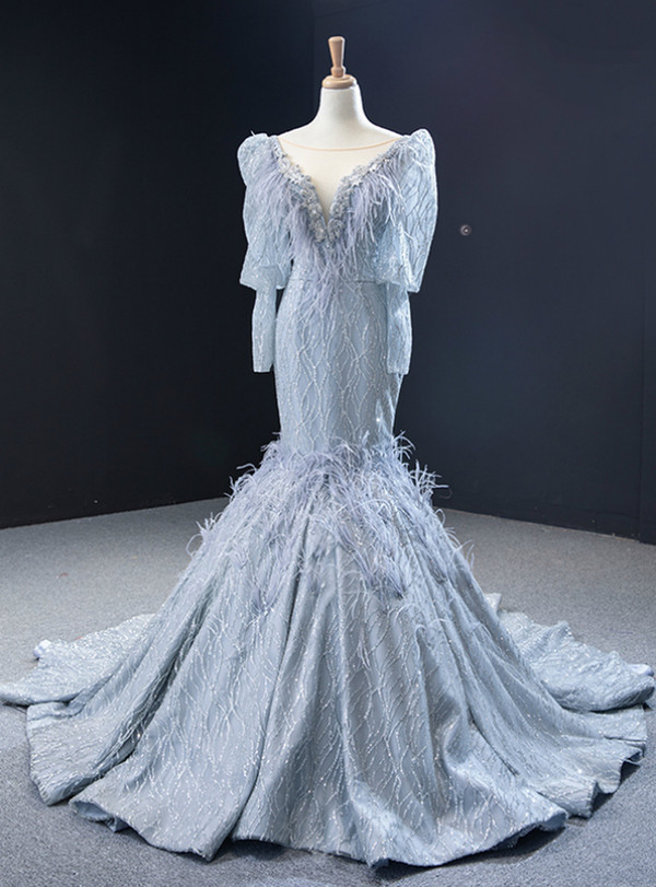 Silver Gray Mermaid Sequins See Through V-neck Long Sleeve Long Prom Dress 2020