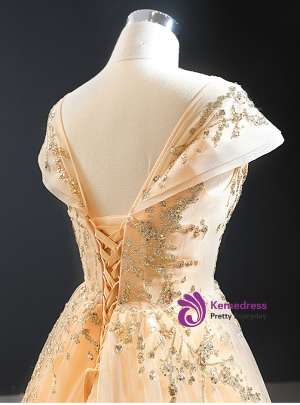 A-Line Champagne Tulle Sequins Cap Sleeve Open Back Long Prom Dress 2020